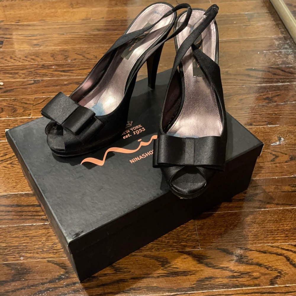 Nina Edlen Black Satin Bow Peep Toe Sling Back